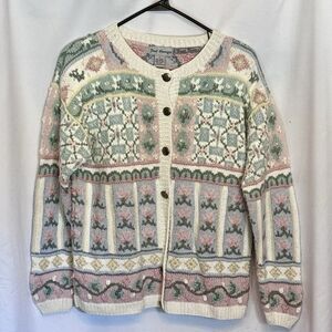 Vintage First Concepts Women’s Hand Knit Cardigan Sweater Pastel Floral Small